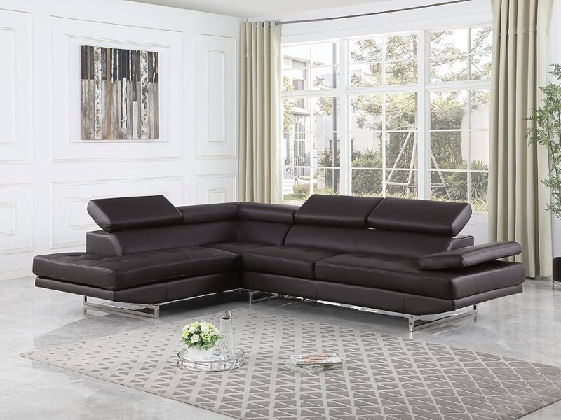 Sectional Sofa Tufted Seat Adjustable Headrests Brown Leather-Like Chaise