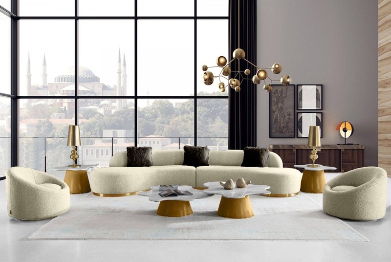 Sectional Sofa Tufted Seat Curved Silhouette Luxury Lounge Interior
