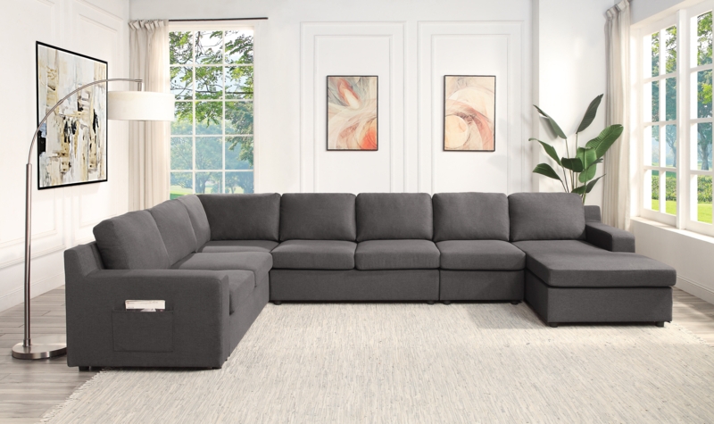 Sectional Sofa U-Shape Linen-Like with Double Chaise