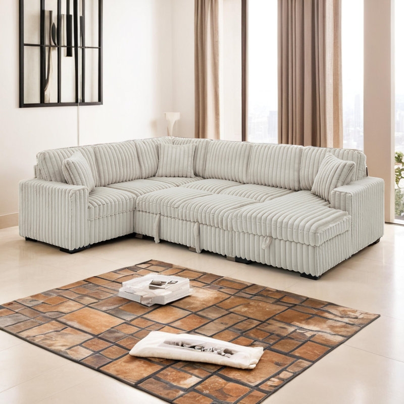 Sectional Sofa U-Shape Sleeper Khaki Corduroy Storage Chaise Contemporary