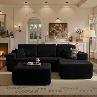 Sectional Sofa U-Shaped Black Corduroy Modular Design Deep Seat