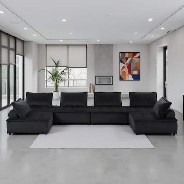 Sectional Sofa U Shaped Black Velvet Like Button Tufted Modern Glam