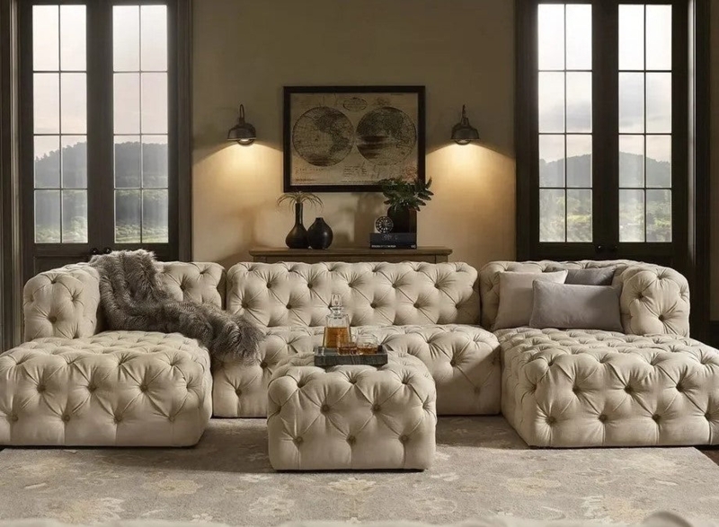 Sectional Sofa U-Shaped Button Tufted Fabric Dark Gray Modern Glam