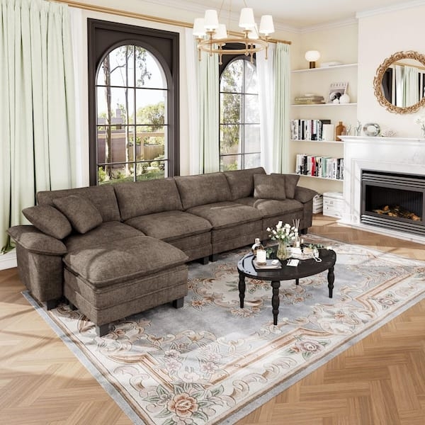 Sectional Sofa U-Shaped Chenille-Like Fabric Taupe Flared Arms Cozy