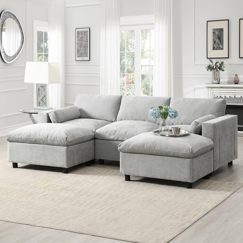Sectional Sofa U Shaped Configuration Grey Storage Pockets Minimalist