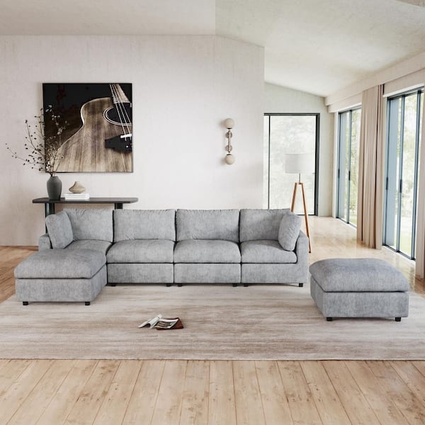 Sectional Sofa U-Shaped Configuration In Textured Gray Chenille Fabric.