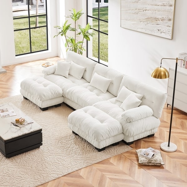Sectional Sofa U-Shaped Cream Boucle Texture Deep Seating
