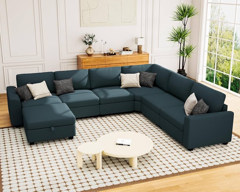 Sectional Sofa U-Shaped Dark Blue Linen Tufted Modular Layout