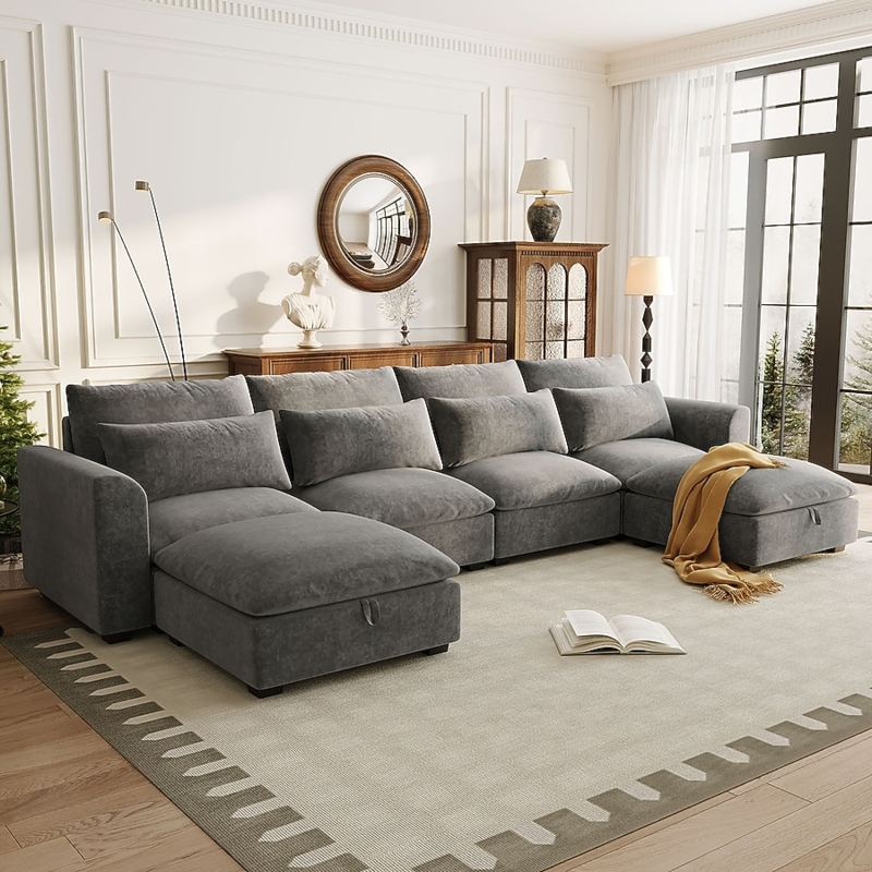Sectional Sofa U Shaped Design Removable Ottomans Grey