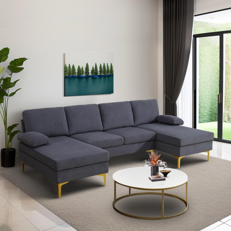 Sectional Sofa U-Shaped In Black Velvet With Polished Gold Legs.