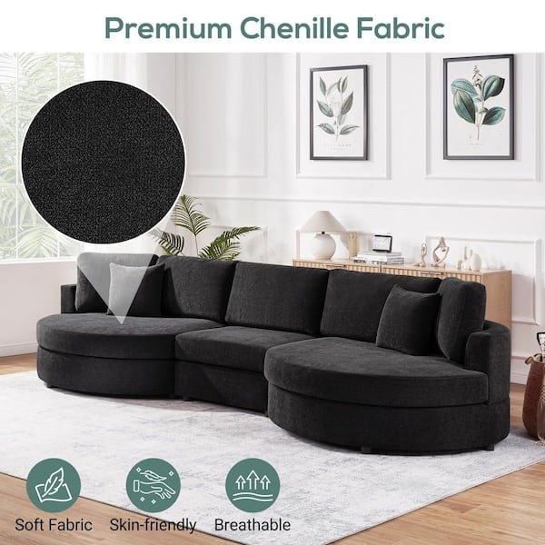 Sectional Sofa U-Shaped Layout Black Chenille Curved Armrests Large