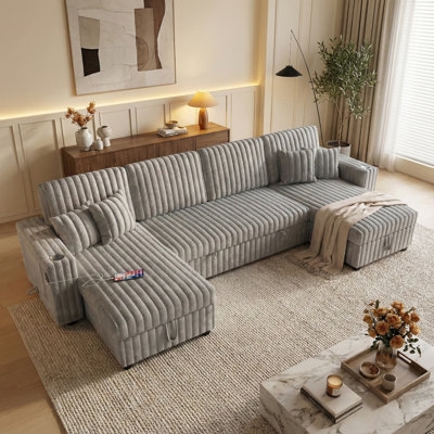 Sectional Sofa U-Shaped Layout In Grey Corduroy Fabric.