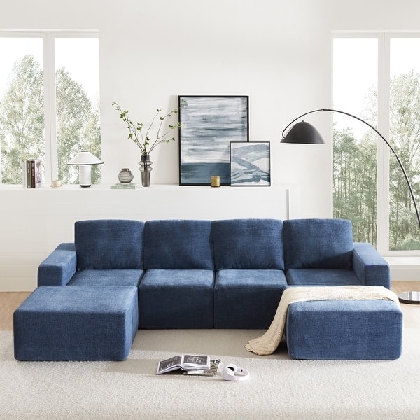 Sectional Sofa U-Shaped Modular Beige Chenille Deep Seating