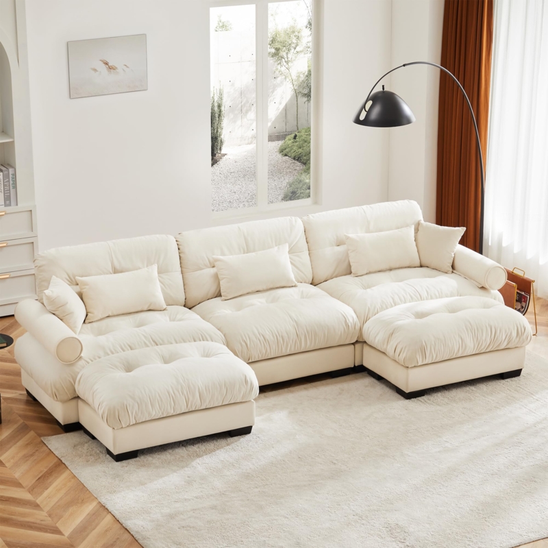 Sectional Sofa U Shaped Modular Cream Velvet Integrated Ottomans