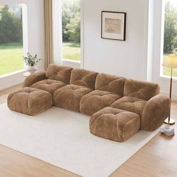 Sectional Sofa U-Shaped Modular Layout Camel Velvet Low Profile