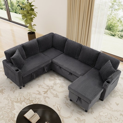 Sectional Sofa U-Shaped Pull Out Sleeper Storage Ottoman