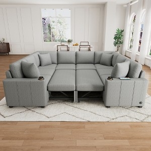 Sectional Sofa U-Shaped Pull-out Sleeper with Cup Holders