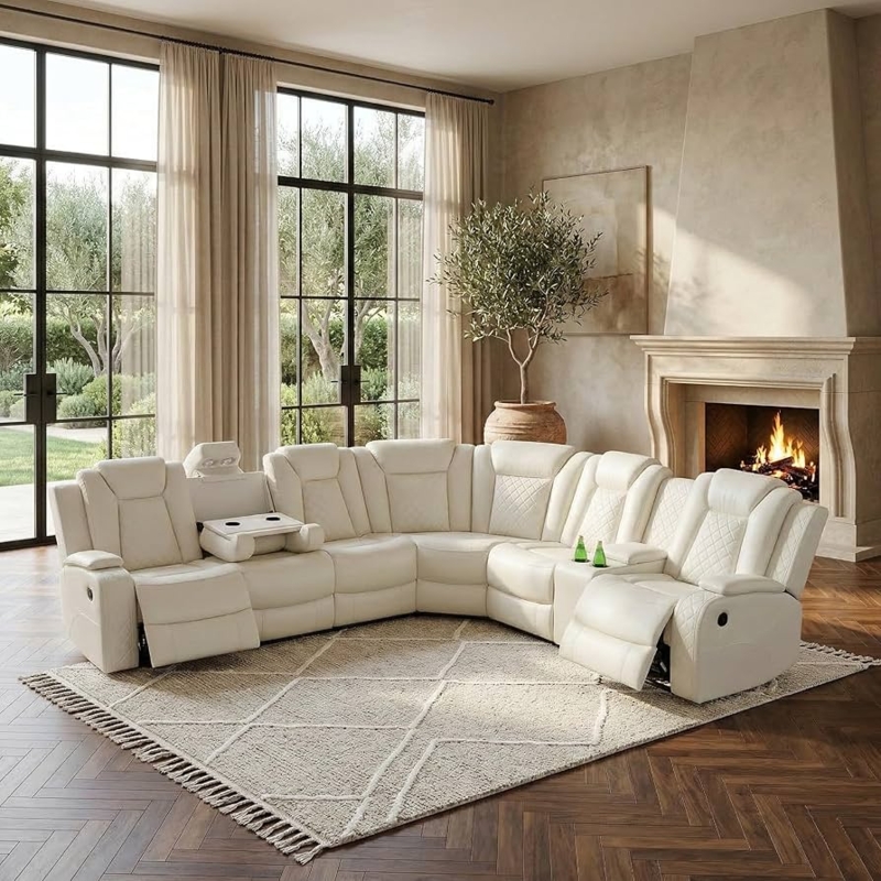 Sectional Sofa U-Shaped Recliner Blue LED Base Cream Theater