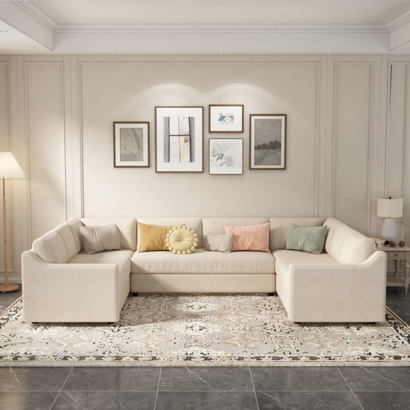 Sectional Sofa U-Shaped Silhouette Thick Cushions Cream Layout