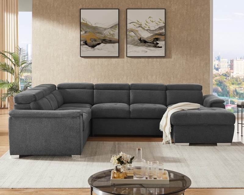 Sectional Sofa U-Shaped Sleeper Dark Grey Adjustable Headrests Storage