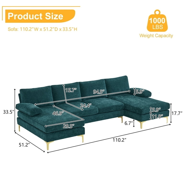 Sectional Sofa U-Shaped Tufted Seat Chenille Double Chaise Inviting