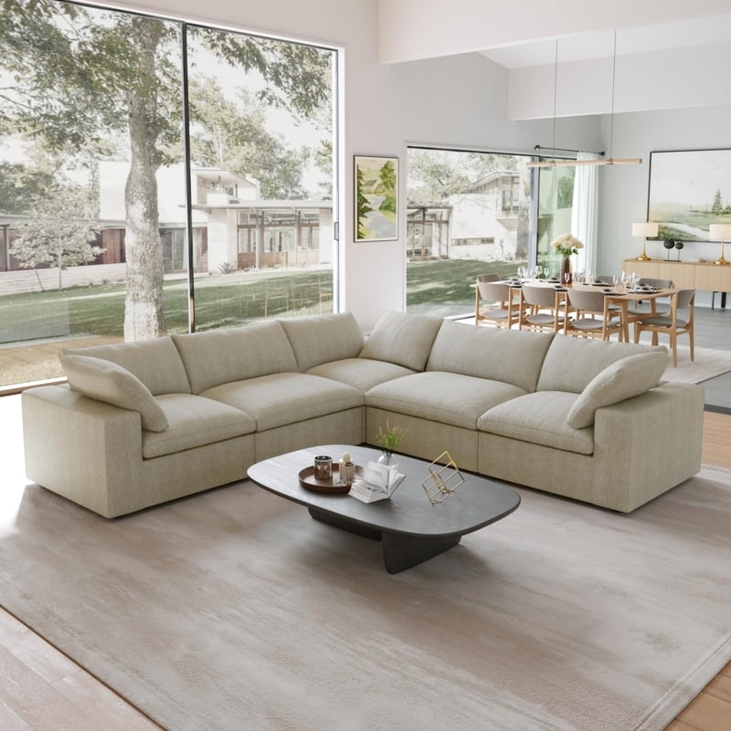 Sectional Sofa V-Shaped Silhouette Khaki Block Construction Minimalist