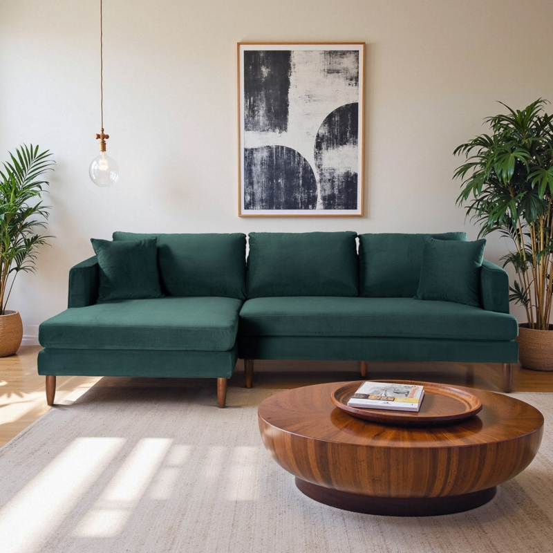 Sectional Sofa Velvet Bolster Pillows Tapered Legs Mid-Century Retro