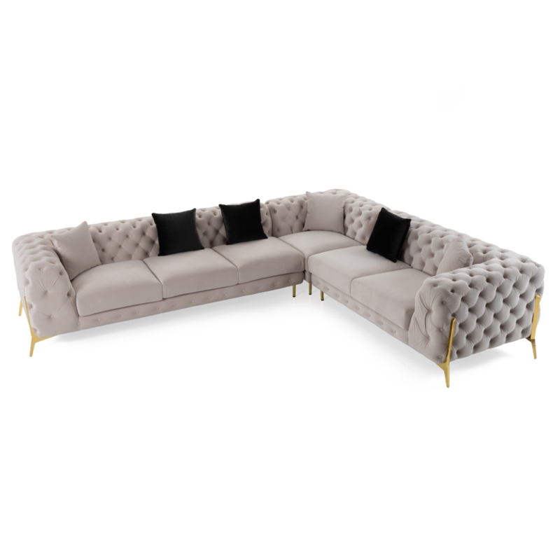 Sectional Sofa Velvet Sheen Nailhead Trim Button Tufting Light Beige