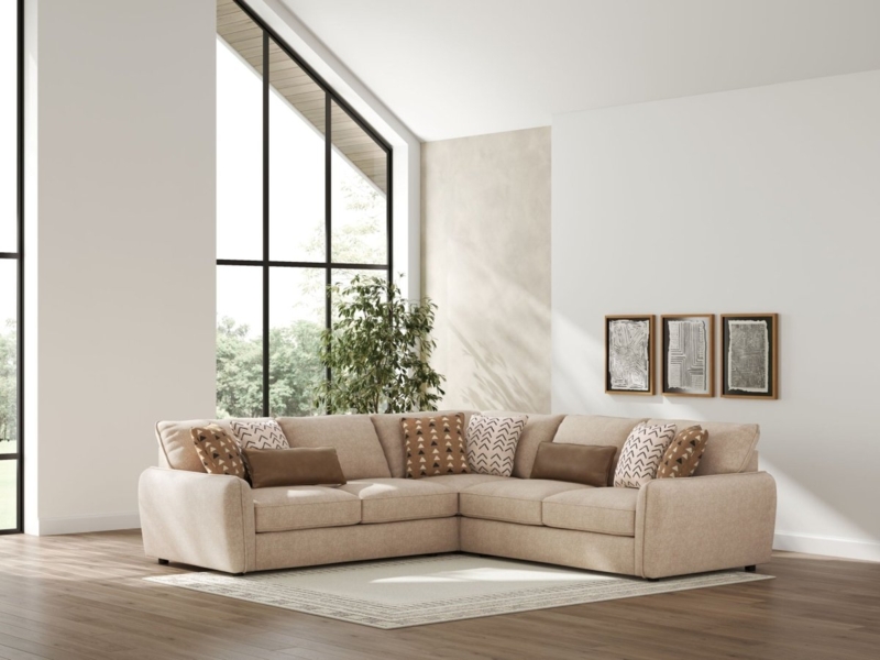 Sectional Sofa Welted Seams Light Grey Track Arms Transitional Style