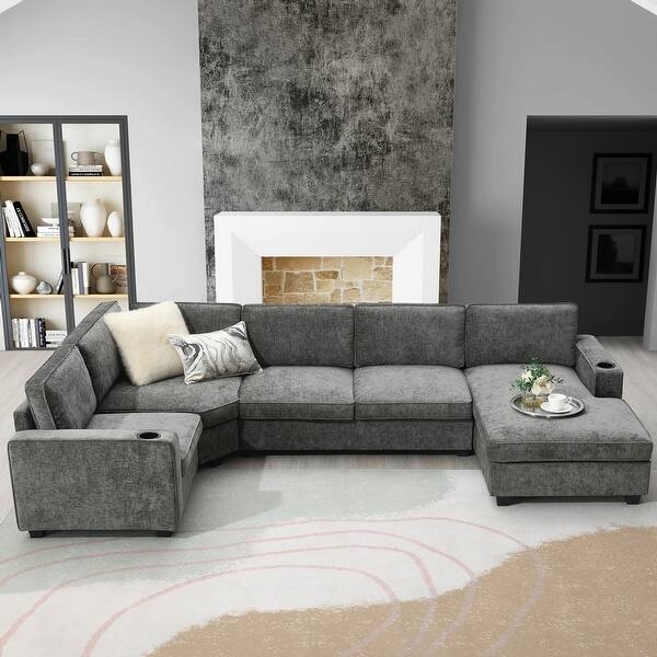 Sectional Sofa White Chenille Oversized Chaise Irregular Corner