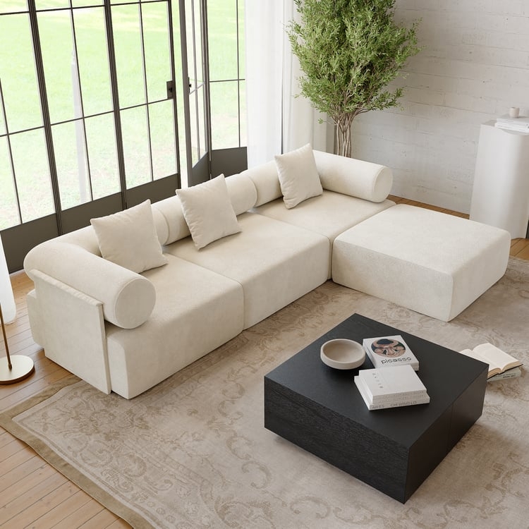 Sectional Sofa, White Chenille Velvet, L-Shape with Track Arms