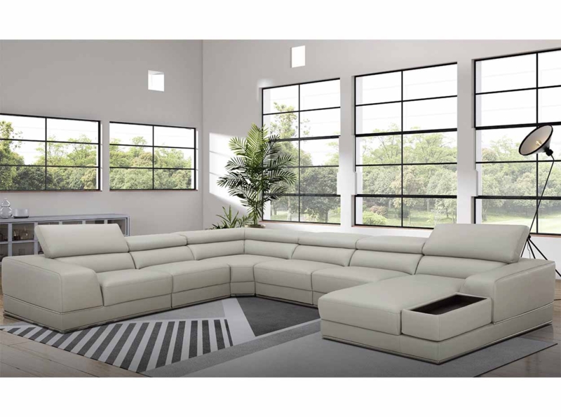 Sectional Sofa White Leather-like Adjustable Headrests Shelf