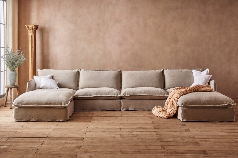 Sectional Sofa White Linen Low Profile Deep Seat Minimalist Style