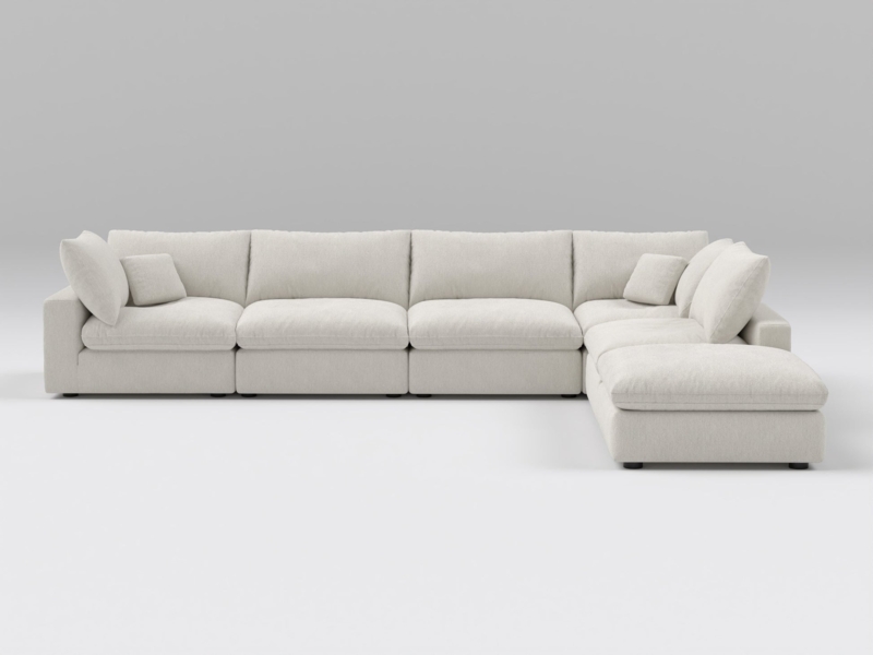 Sectional Sofa White Modular Low Profile with Piped Edges