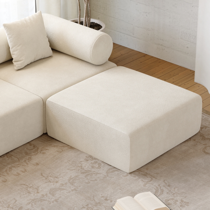 Sectional Sofa, White Performance Fabric, L-Shaped Modular, Low-Slung