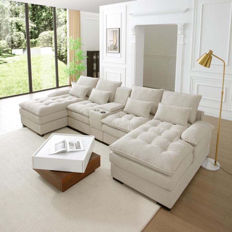 Sectional Sofa White Storage Console Cup Holders Modern Layout