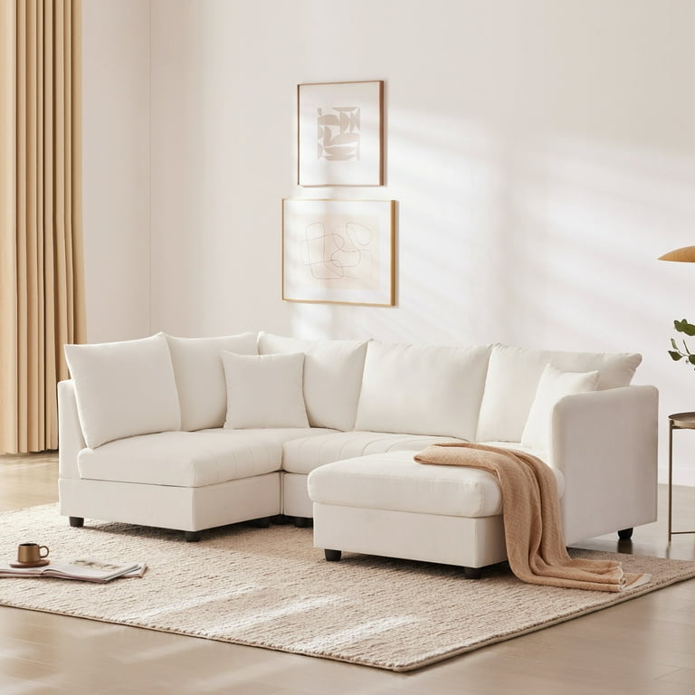 Sectional Sofa White Textured Fabric with Convertible Ottoman
