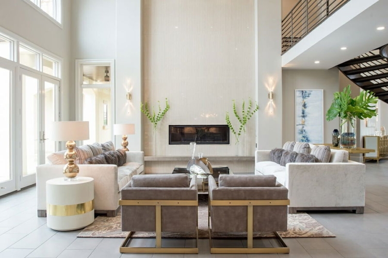 Sectional Sofa White Tufted Navy Blue Accents Modern Glam Layout