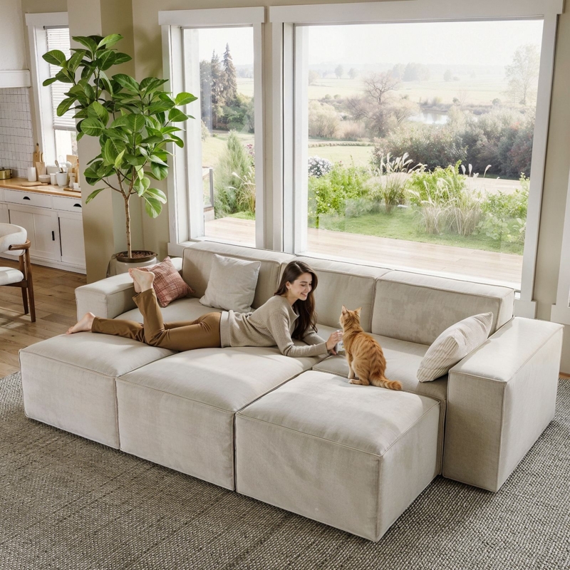 Sectional Sofa Wide Armrests Beige Oversized Modular Layout