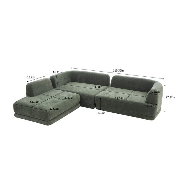 Sectional Sofa with Blocky Cushions, Off-White Low Profile Modular