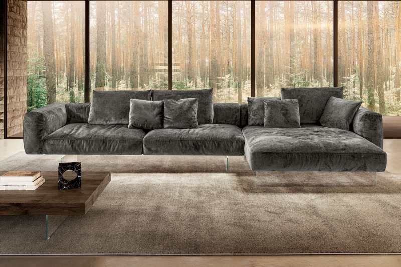 Sectional Sofa With Chaise, Light Gray Floating Base, Transparent Legs