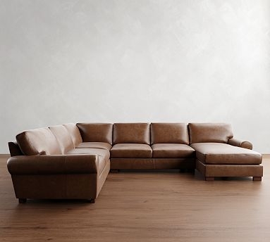 Sectional Sofa with Chaise Lounge in Blue Leather-Like and Block Feet
