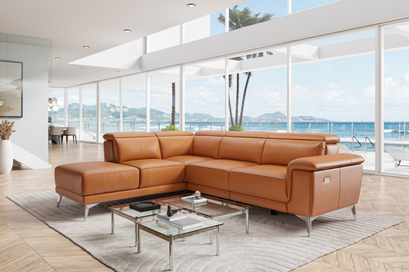 Sectional Sofa with Cognac Leather Upholstery for Luxury Lounge Seating.