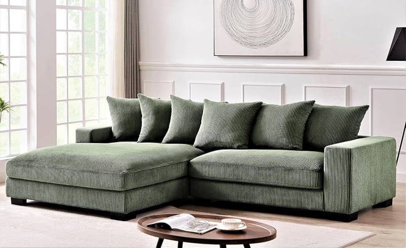 Sectional Sofa with Corduroy Fabric, Dark Green Corduroy Sectional Sofa.
