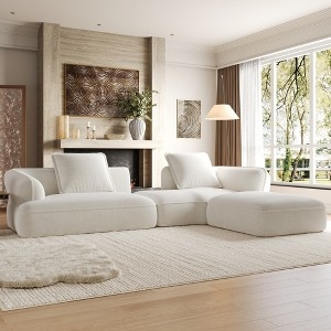 Sectional Sofa with Deep Seating Depth, Beige Block Style Modular Design