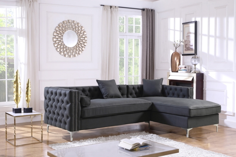 Sectional Sofa with Gold Y-Legs, Button Tufted Seat, Modern Glam Living Room.