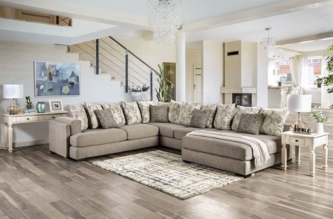 Sectional Sofa with Grid-Tufted Seats and Tapered Legs