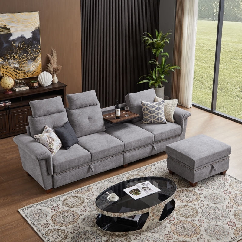 Sectional Sofa with Integrated Coffee Table in Cream Towelling Fabric
