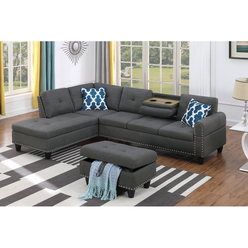Sectional Sofa with Integrated Ottoman Set, Gray L-Shaped Sectional Layout.