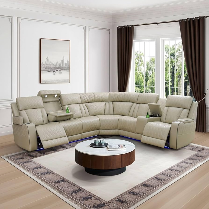 Sectional Sofa with LED Lighting, Power Recliner, and Storage Console